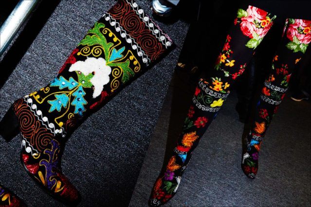 Embroidered women's boots snapped backstage at Libertine Fall/Winter 2017 collection. Photography by Alexander Thompson for Ponyboy magazine.
