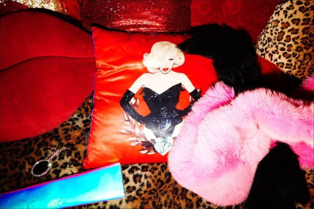 An Amanda Lepore pillow and stoles, photographed in the model's home in New York City. Photography by Alexander Thompson for Ponyboy magazine.