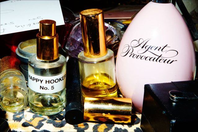 Perfume bottles owned by model Amanda Lepore. Photographed at her home in New York City by Alexander Thompson for Ponyboy magazine.