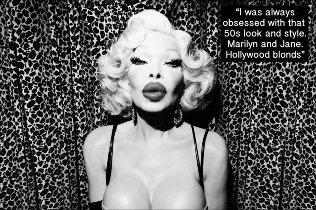 A b&w portrait of model Amanda Lepore, photographed in her New York City apartment. Photography by Alexander Thompson for Ponyboy magazine.