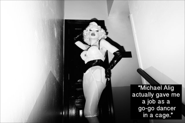 Model/performance artist Amanda Lepore poses on her stairwell in New York City. Photographed by Alexander Thompson for Ponyboy magazine.
