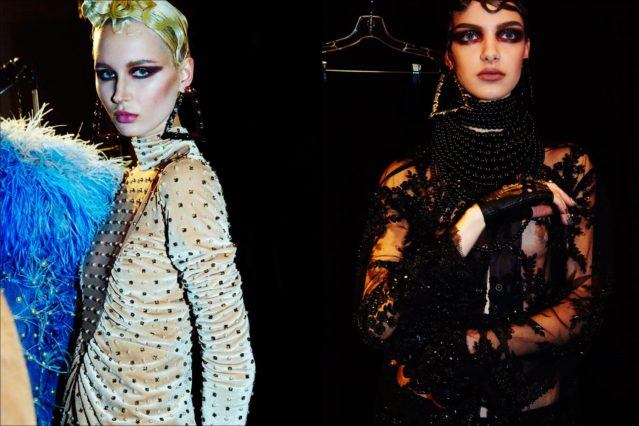 Models Milena Garbo & Klaudia Luczak photographed in first looks, backstage at The Blonds Fall 2017 womenswear collection. Photography by Alexander Thompson for Ponyboy magazine.