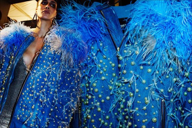 Model Gisele Alicea wears a blue feather & pearl jacket for The Blonds Fall 2017 womenswear collection. Photography by Alexander Thompson for Ponyboy magazine.