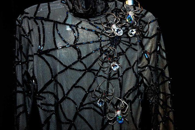 An elaborate beaded spider & cobweb gown photographed on the rack, backstage at The Blonds Fall 2017 womenswear collection. Photography by Alexander Thompson for Ponyboy magazine.