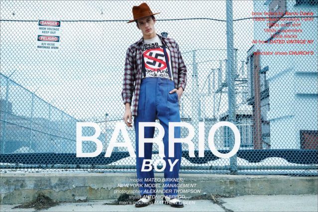 Barrio Boy, starring model Mateo Birkner from New York Model Management. Photographed by Alexander Thompson, with menswear styling by Antonio Abrego. Ponyboy magazine.