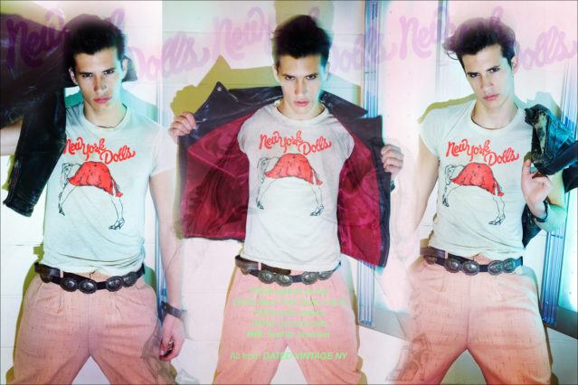 Model Mateo Birkner wears a vintage New York Dolls t-shirt from Dated Vintage NY. Photographed by Alexander Thompson, with styling by Antonio Abrego. Ponyboy magazine.