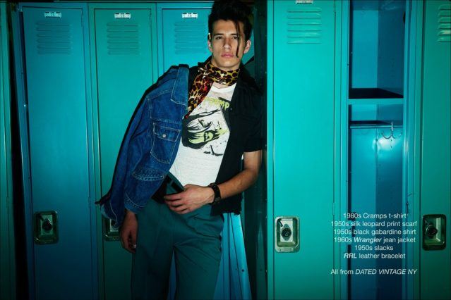 Mateo Birkner wears clothing from Dated Vintage NY. Photographed by Alexander Thompson, with styling by Antonio Abrego. Ponyboy magazine.