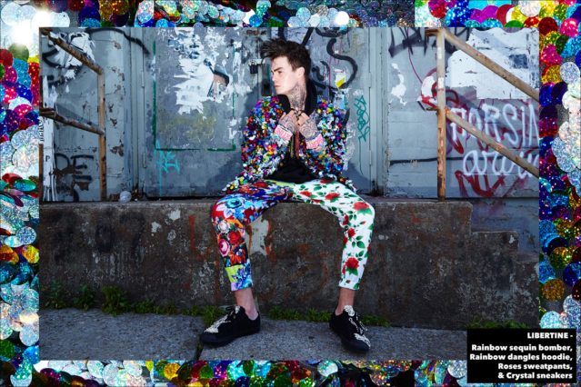 Model Jonathan Normolle, from New York Model Management, wears a Libertine Rainbow sequin bomber with Roses sweatpants. Photographed by Alexander Thompson for Ponyboy magazine.