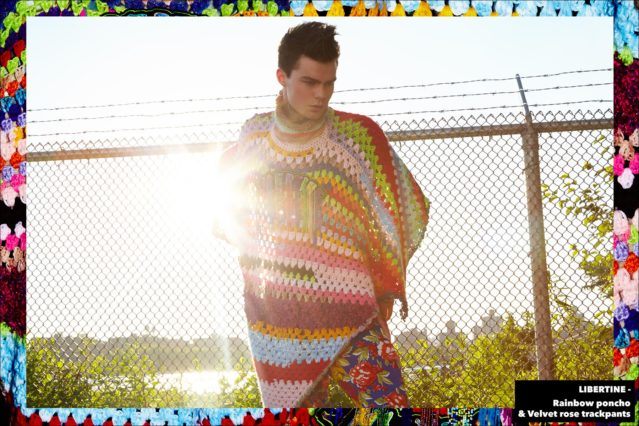 Model Jonathan Normolle, from New York Model Management, wears a Libertine Rainbow poncho. Photographed by Alexander Thompson for Ponyboy magazine.