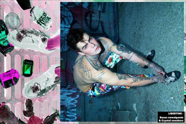 Model Jonathan Normolle, from New York Model Management, wears Libertine Roses sweatpants, photographed by Alexander Thompson for Ponyboy magazine.