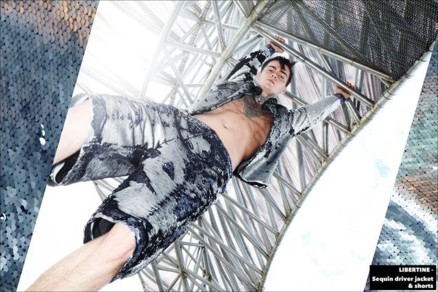 Model Jonathan Normolle, from New York Model Management, wears a Libertine sequin driver jacket & shorts. Photographed by Alexander Thompson for Ponyboy magazine.