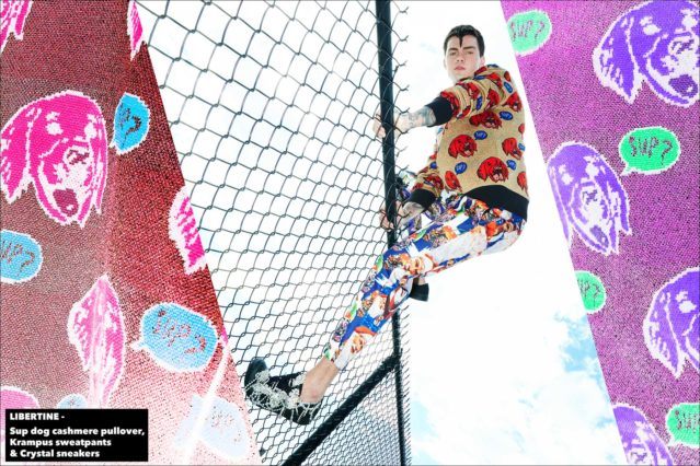 Model Jonathan Normolle, from New York Model Management, wears a Libertine Sup dog cashmere pullover & Krampus sweatpants. Photographed by Alexander Thompson for Ponyboy magazine.