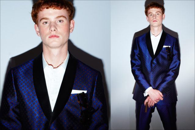 A male model in a blue paisley tuxedo by menswear designer David Hart, for Spring 2018. Photography by Alexander Thompson for Ponyboy magazine.