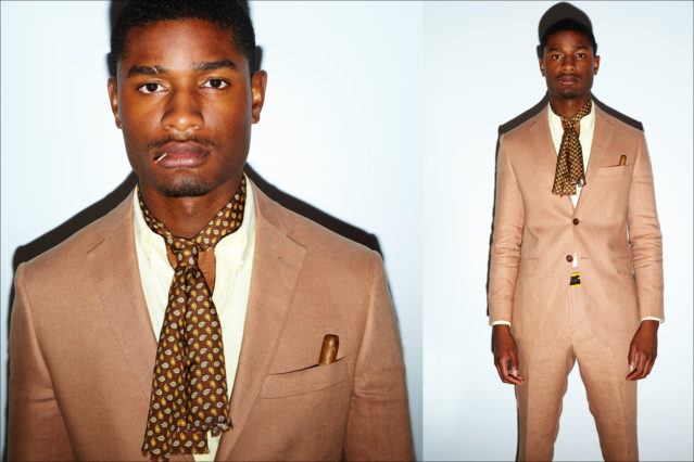 A model wears a tan linen suit by designer David Hart for 2018. Photographed by Alexander Thompson for Ponyboy magazine.