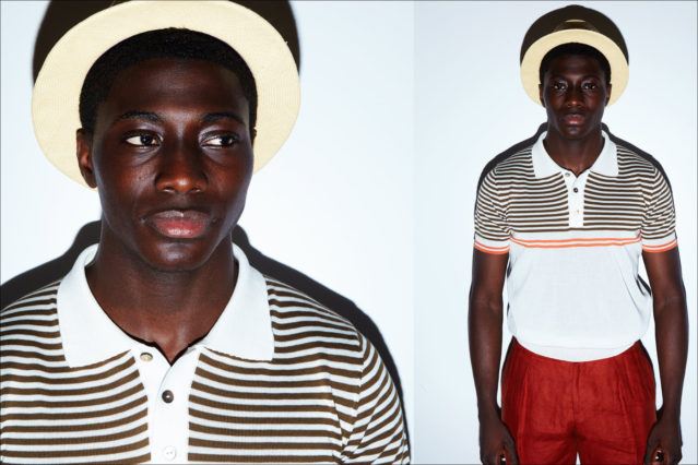 A male model in a striped knitwear from designer David Hart, for Spring 2018. Photography by Alexander Thompson for Ponyboy magazine.