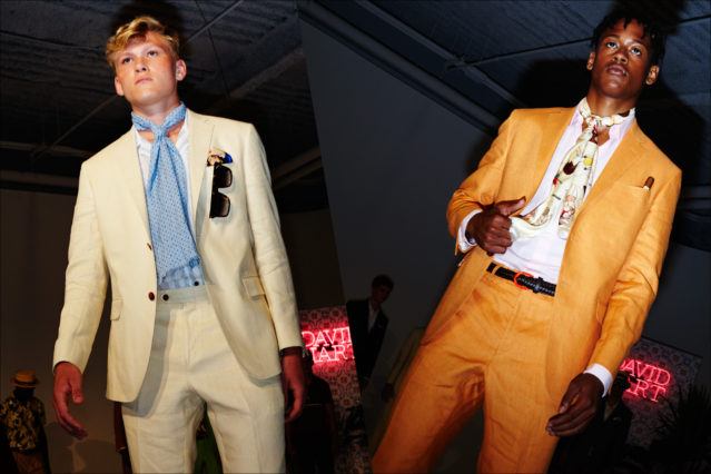 Colorful suits at the David Hart Spring 2018 show. Photographed by Alexander Thompson for Ponyboy magazine.