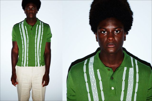 A green Ban-lon style sweater photographed backstage at the David Hart Spring 2018 menswear show. Photography by Alexander Thompson for Ponyboy magazine.