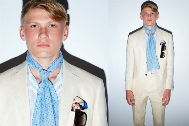 An off-white linen suit by menswear designer David Hart for Spring 2018. Photography by Alexander Thompson for Ponyboy magazine.