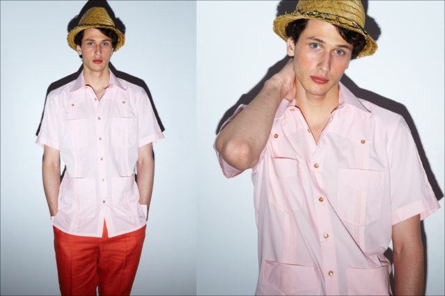 A pink Guayabera shirt on a male model, backstage at David Hart for Spring 2018. Photography for Ponyboy magazine by Alexander Thompson.