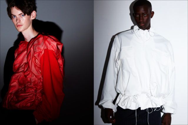 Intricately designed clothing on male models, backstage at the Feng Chen Wang menswear show. Photographed by Alexander Thompson for Ponyboy magazine.