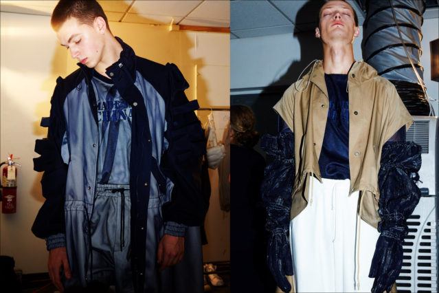Model Dane Bell snapped backstage at the Feng Chen Wang menswear show. Photographed by Alexander Thompson for Ponyboy magazine.