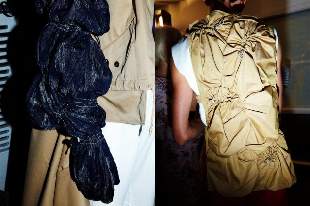 Gathered details on clothing snapped backstage at the Feng Chen Wang menswear show. Photographed by Alexander Thompson for Ponyboy magazine.