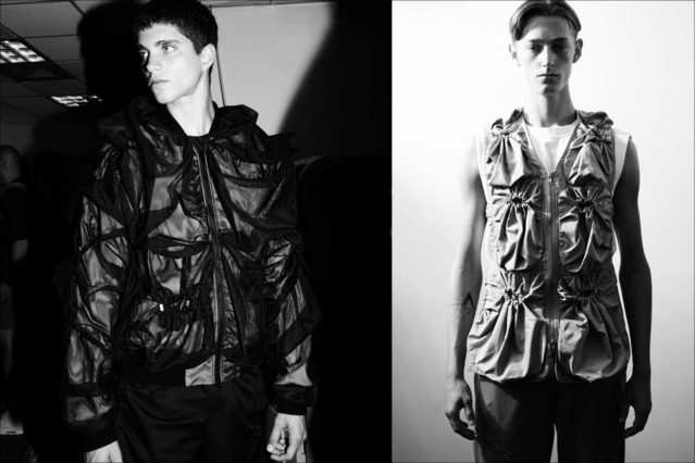 Intricately designed clothing, backstage at the Feng Chen Wang menswear show. Photographed by Alexander Thompson for Ponyboy magazine.