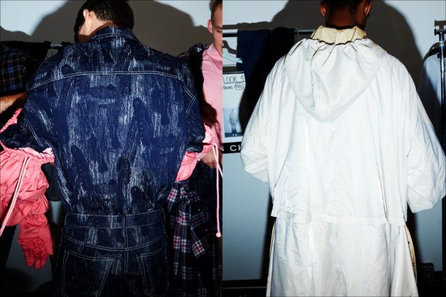 Backside of clothing, backstage at the Feng Chen Wang menswear show. Photographed by Alexander Thompson for Ponyboy magazine.