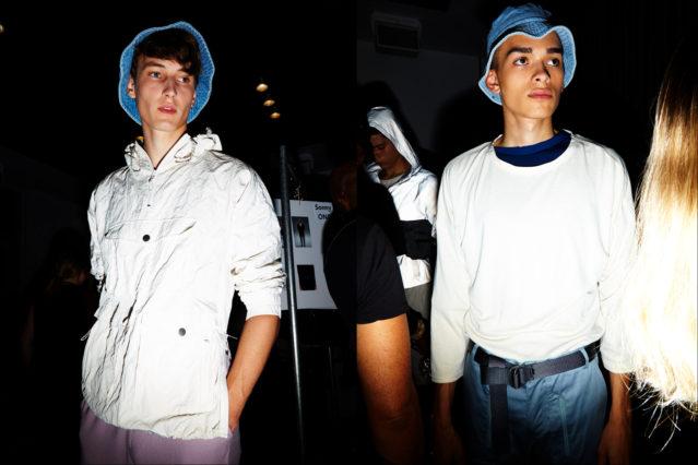 Male models in matching bucket hats, backstage at the Matiere runway show for S/S18. Photographs by Alexander Thompson for Ponyboy magazine.