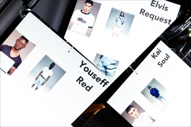 Male model's dressing cards photographed backstage at Matiere, Spring/Summer 2018. Photography by Alexander Thompson for Ponyboy magazine.