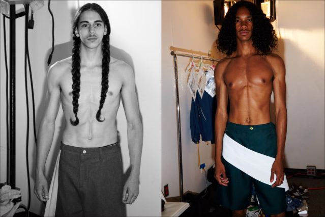 Long-haired models photographed backstage dressing at N-p-Elliott for Spring/Summer 2018. Photography by Alexander Thompson for Ponyboy magazine.