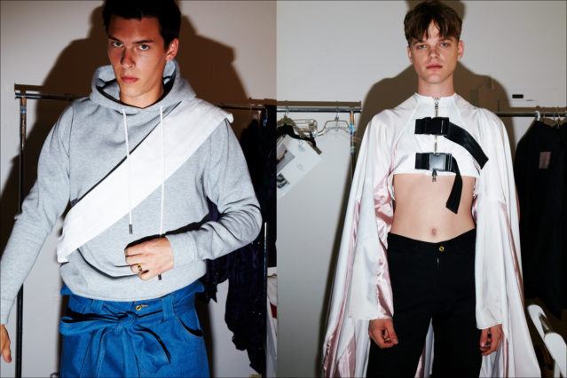 Models August Gonet & Reid Rohling photographed backstage at the N-p-Elliott Spring/Summer 2018 menswear show. Photography by Alexander Thompson for Ponyboy magazine.