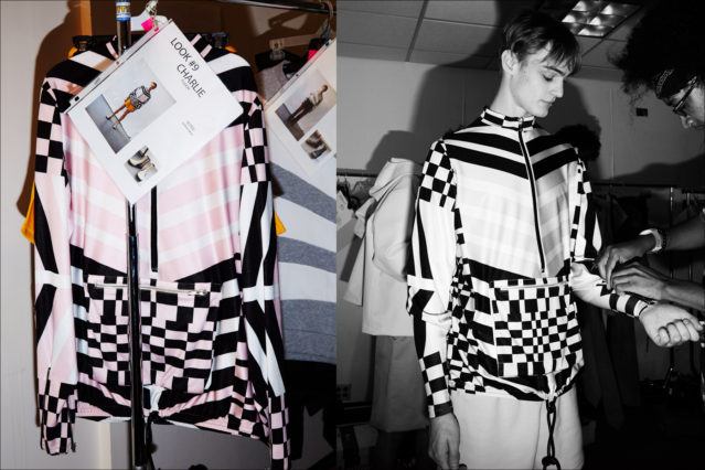 Model Charlie James snapped backstage in Look #9 at N-p-Elliott S/S18. Photographed by Alexander Thompson for Ponyboy magazine.