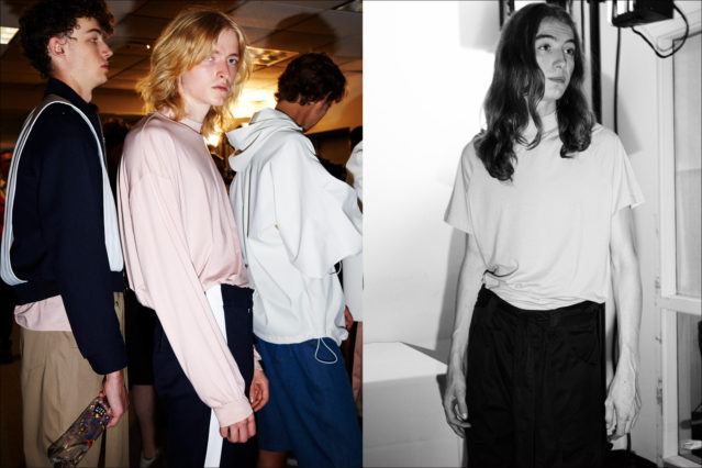 Long-haired male models photographed backstage dressing at N-p-Elliott for Spring/Summer 2018. Photography by Alexander Thompson for Ponyboy magazine.