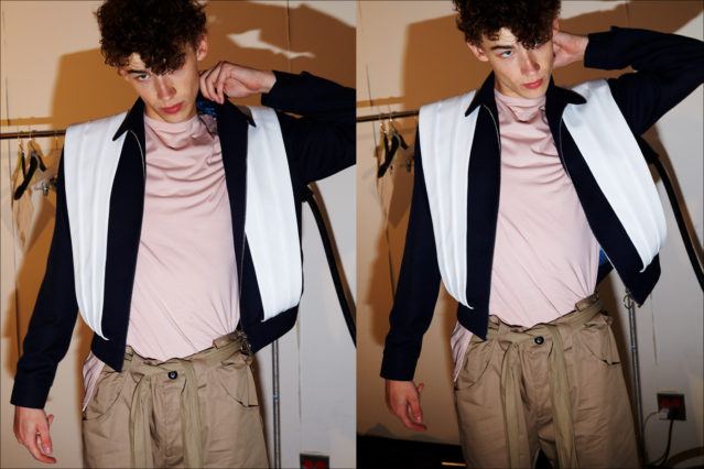 A bold black & white jacket photographed backstage at N-p-Elliott for Spring/Summer 2018. Photographed by Alexander Thompson for Ponyboy magazine.