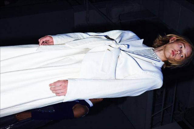 A male model wears designer Raun LaRose at the menswear presentation for Spring/Summer 2018. Photographed by Alexander Thompson for Ponyboy magazine.