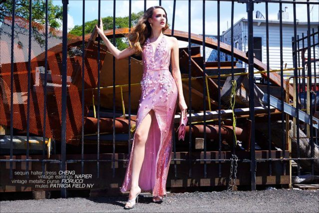 Model Izzy Pawline wears a sequin halter dress by Cheng, for Ponyboy magazine. Photographed by Alexander Thompson.