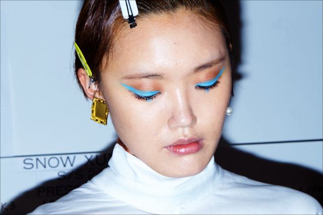 A model's makeup, backstage at Snow Xue Gao. Spring/Summer 2018. Ponyboy magazine.
