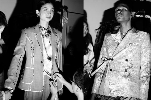 B&W images of models getting dressed backstage at Snow Xue Gao, for Spring/Summer 2018. Photography by Alexander Thompson for Ponyboy magazine.
