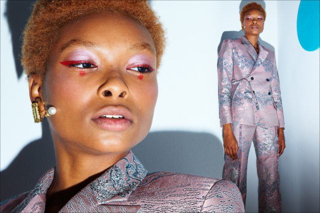 A model wears an avant-garde suit at Snow Xue Gao, for Spring/Summer 2018. Photography by Alexander Thompson for Ponyboy magazine.