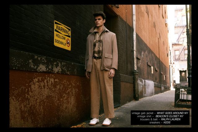 Male model Casey Jackson, from New York Model Management, featured in menswear editorial "Minetta Street '57". Photographed by Alexander Thompson for Ponyboy magazine.
