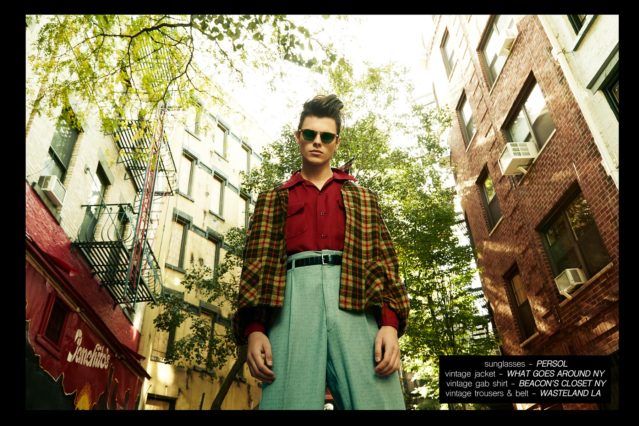 Model Casey Jackson, from New York Models, wears 1950s vintage menswear. Photographed by Alexander Thompson for Ponyboy magazine.