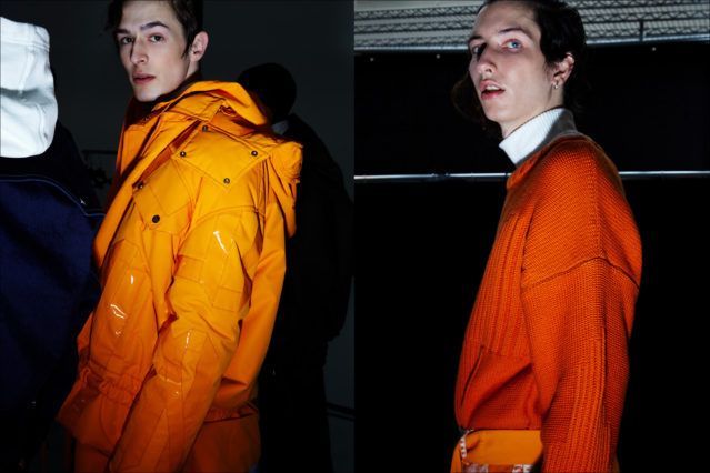 Model Dylan Fender photographed backstage at the Feng Chen Wang menswear show for Fall 2018. Photography by Alexander Thompson for Ponyboy magazine.