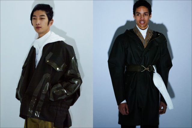 Male models Bom Lee & Noa Thomas photographed backstage at Feng Chen Wang Fall 2018 menswear show. Photography by Alexander Thompson for Ponyboy magazine.