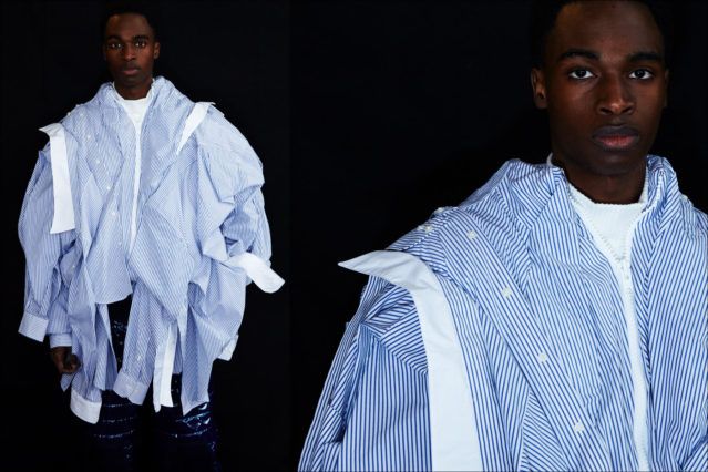 The "boyfriend shirt" modeled by Bakay Diaby, backstage at Feng Chen Wang for Fall 2018. Photography by Alexander Thompson for Ponyboy magazine.