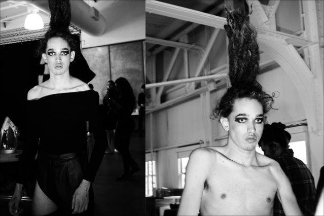 Model Simo from Click Models NY photographed backstage at Luar for Fall 2018. Photography by Alexander Thompson for Ponyboy magazine.