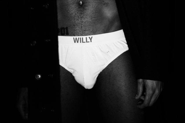 Close-up image of a model's briefs at the Willy Chavarria menswear show for Fall 2018. Photographed by Alexander Thompson for Ponyboy magazine.