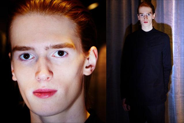 A model photographed backstage at the Abasi Rosborough menswear collection for Fall 2018 in New York City. Photography Alexander Thompson. Ponyboy magazine.