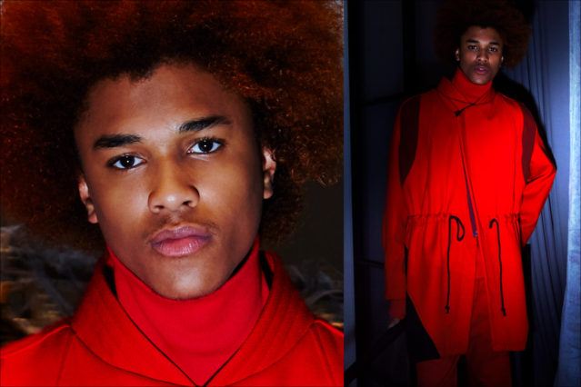 A male model backstage at the Abasi Rosborough menswear collection for Fall 2018. Photography Alexander Thompson. Ponyboy magazine.