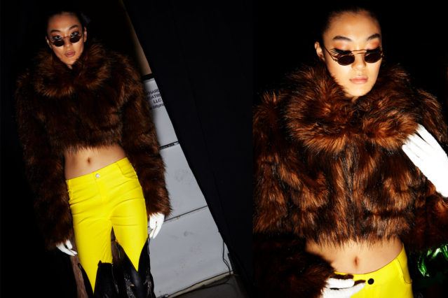 Fake fur and bright yellow trousers backstage at Christian Cowan for Fall 2018. Photography by Alexander Thompson for Ponyboy magazine.